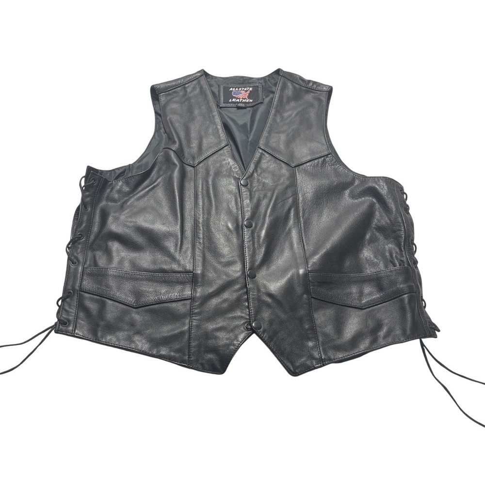 Allstate‎ Leather Mens XL Black Leather Biker Vest Side Lace Snap Front Western